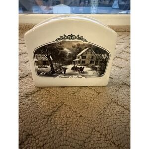 Currier‎ & Ives Collection Of MCNY Napkin Holder Winter Scene Heavy Porcelain